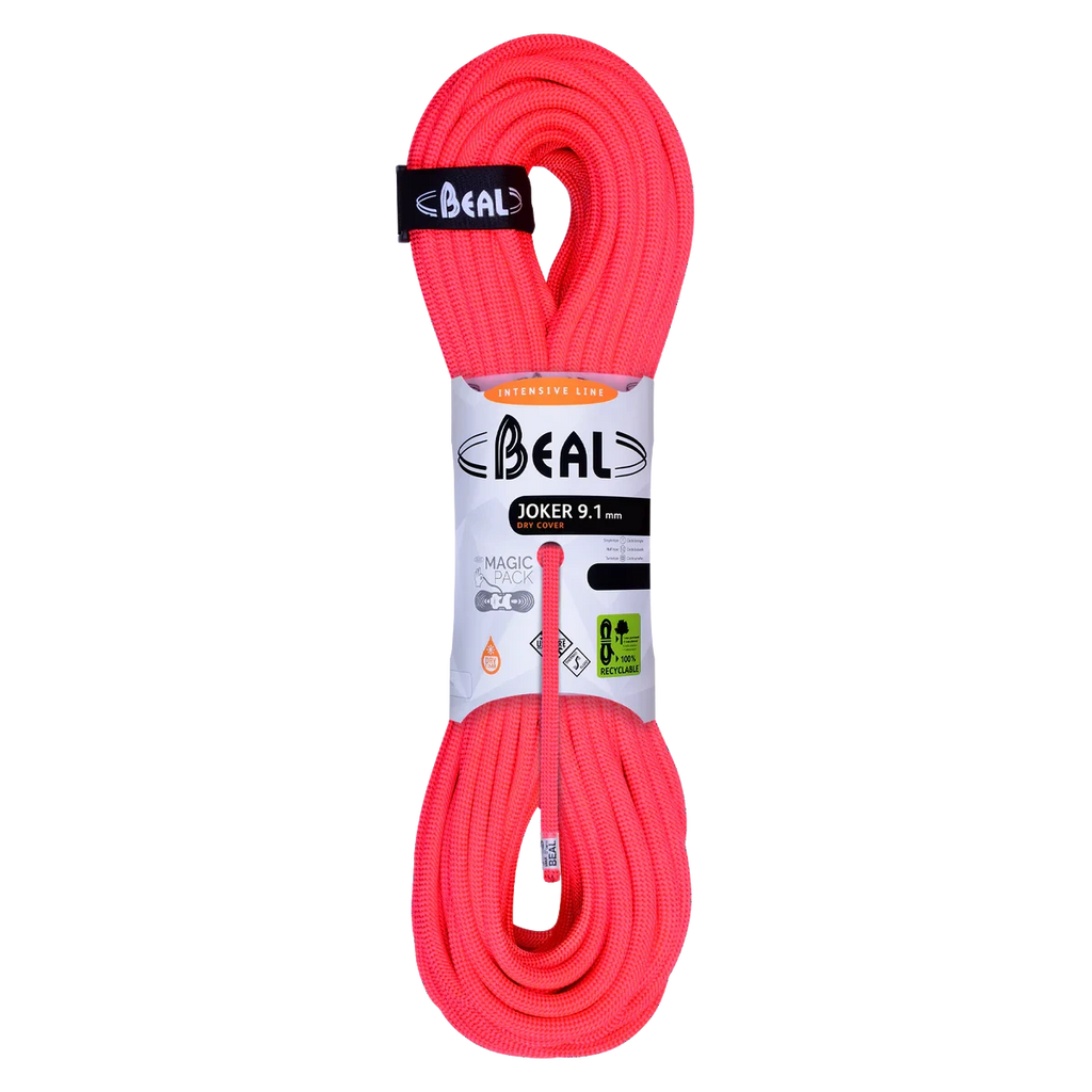 Corde d'escalade Beal Joker 9,1 mm disponible en plusieurs couleurs et longueurs pour escalade sportive, grandes voies et alpinisme.
