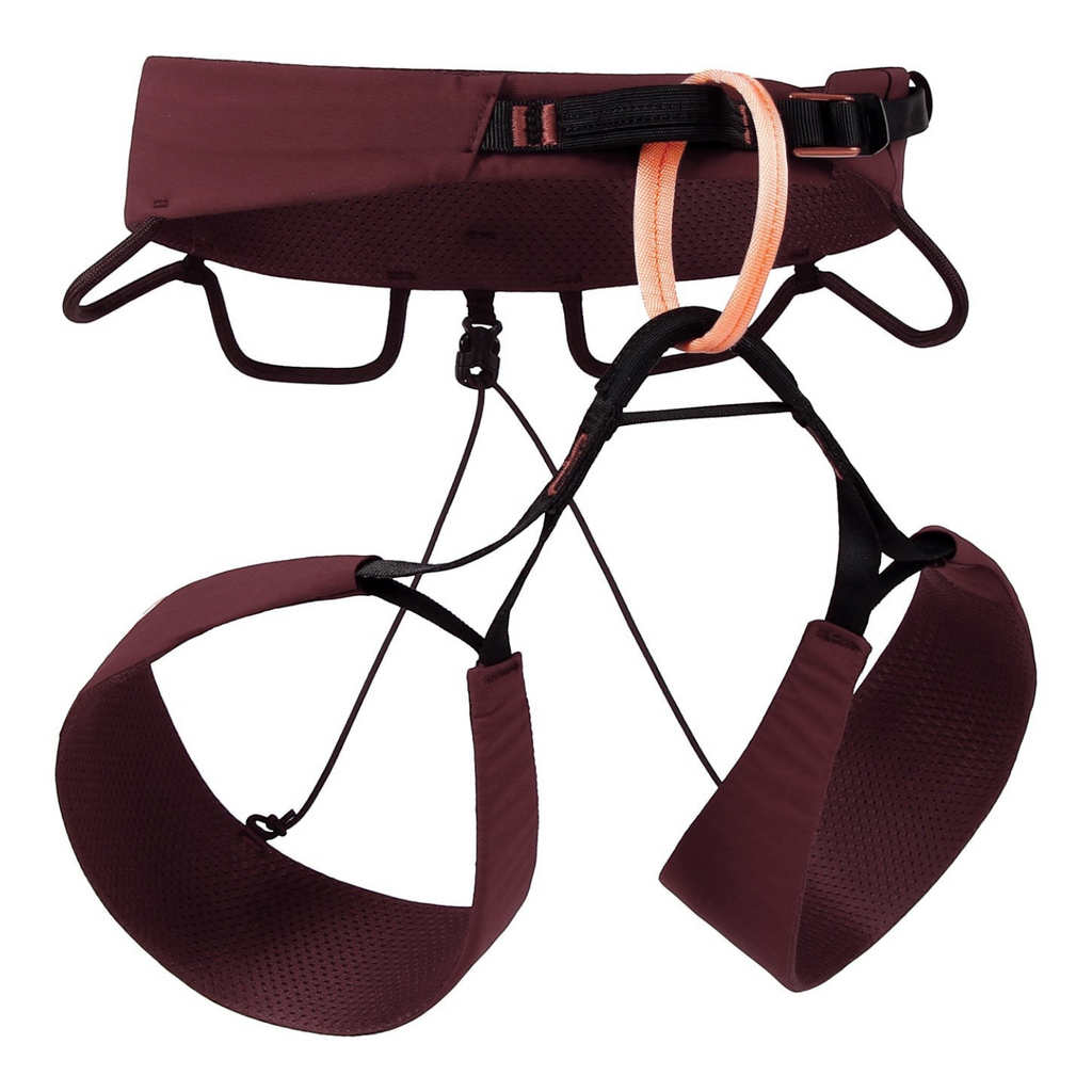 Baudrier d'escalade 4c+ Cuesta Femme bordeaux avec ceinture laminée, quatre porte-matériel et anneau d'assurage orange.