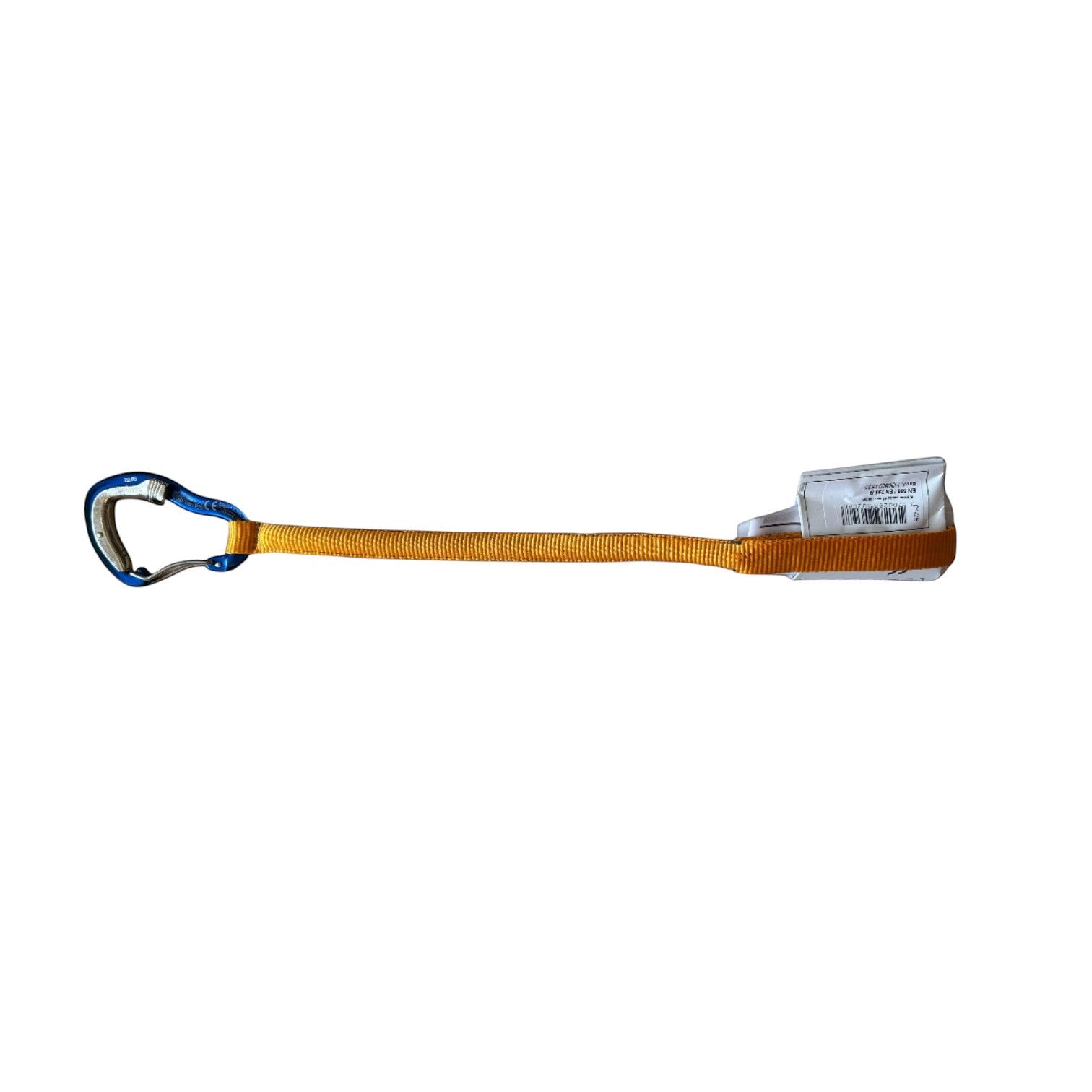 Dégaine Panic pour l'escalade avec mousqueton bleu et sangle orange, idéale pour clipper les points difficiles.