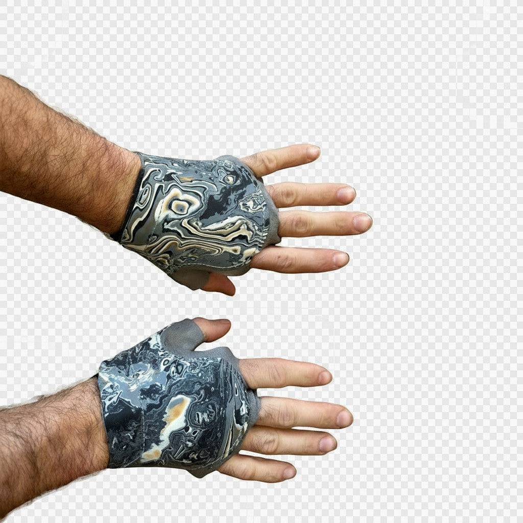 Gants de fissure 4c+ en cuir de chèvre et gomme fine et adhérente couleur gris fantaisie pour escalade en fissure (crack climbing).