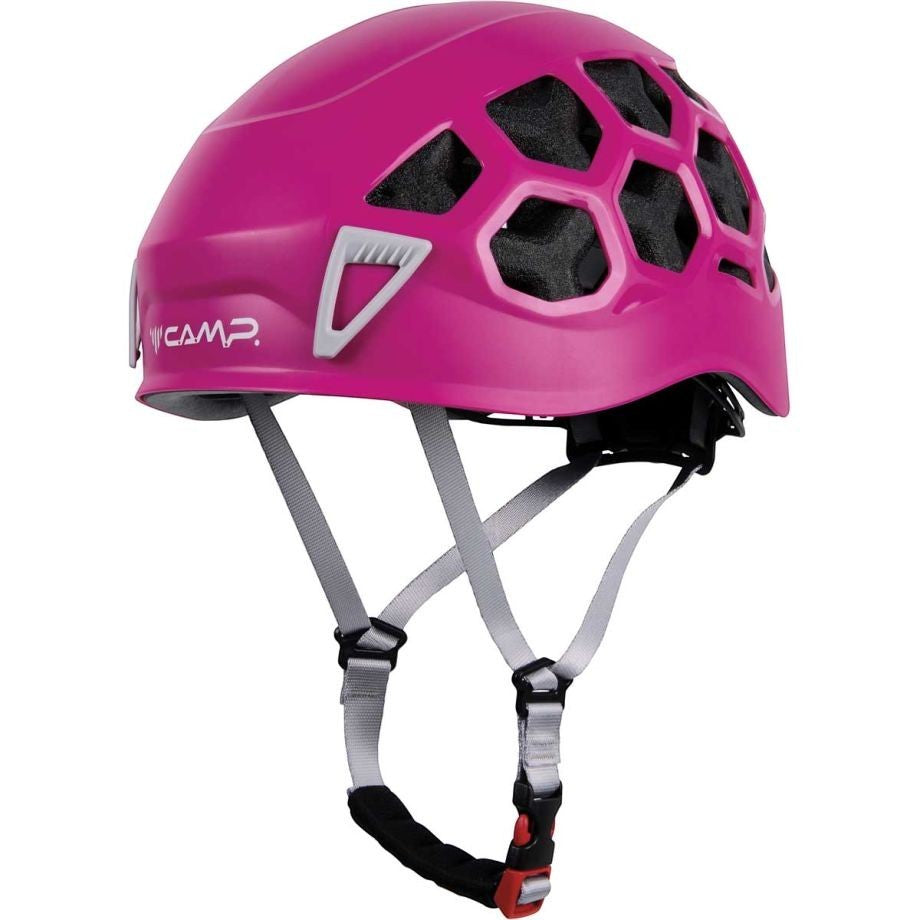 Casque d'escalade hybride CAMP Ikon Nova fuchsia avec coque ABS, ventilation optimale et fixations pour frontale.