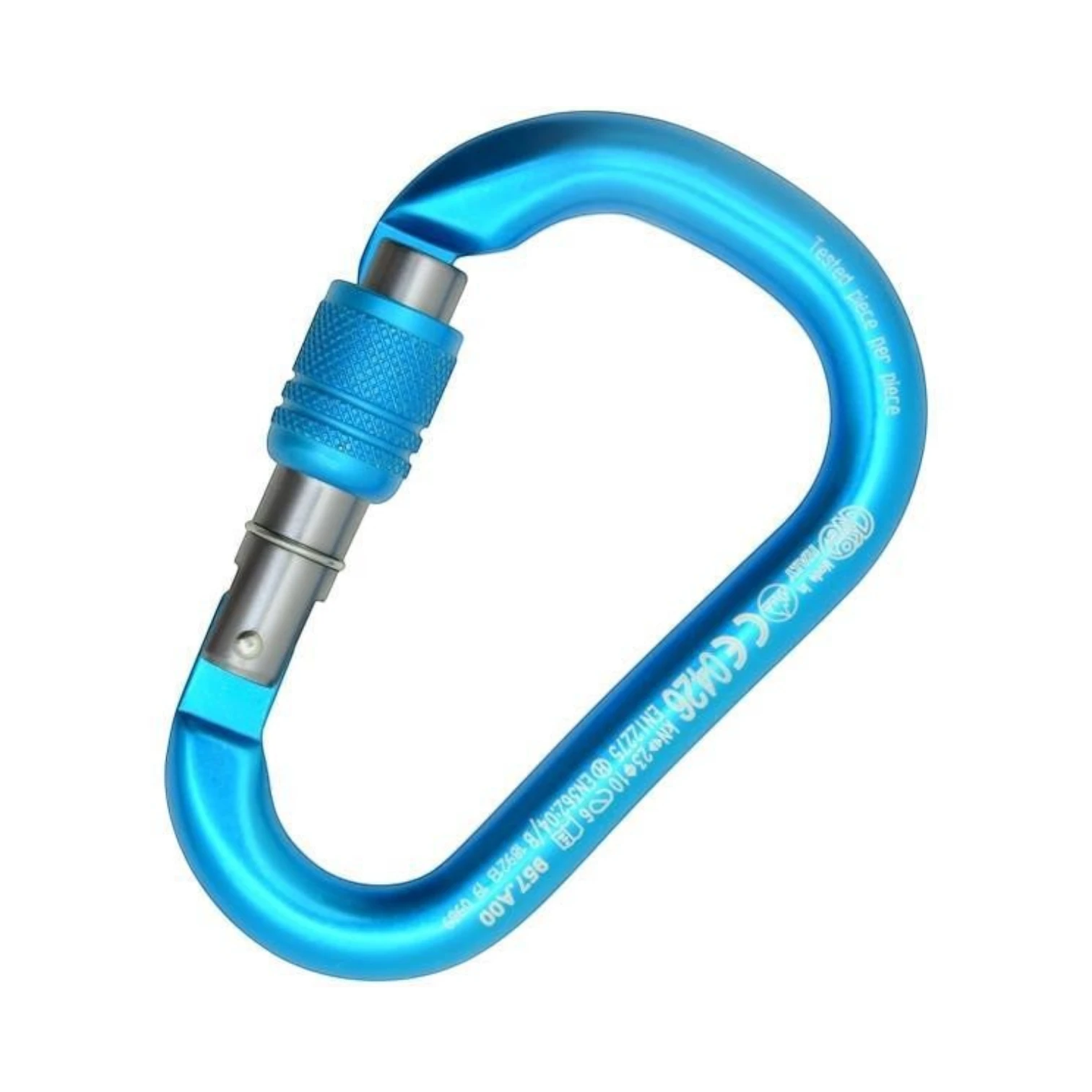 Mousqueton HMS à vis de petite taille en aluminium anodisé bleu pour assurage en escalade sportive, alpinisme et grandes voies.