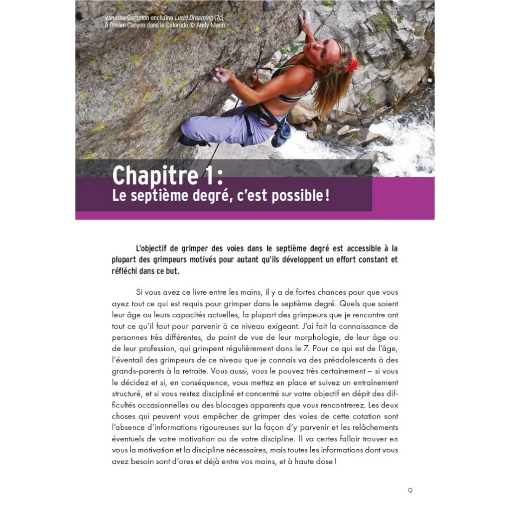 Page intérieure du livre Objectif Septième Degré présentant des conseils d'entraînement et de progression en escalade.