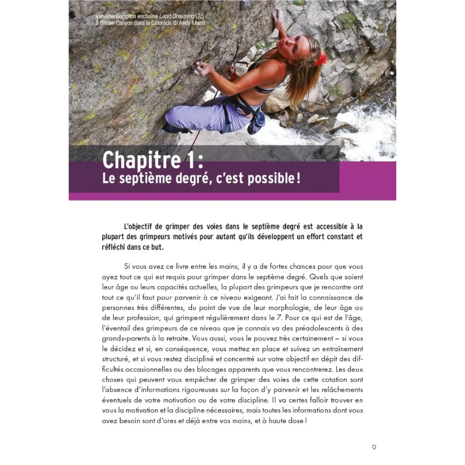 Page intérieure du livre Objectif Septième Degré présentant des conseils d'entraînement et de progression en escalade.
