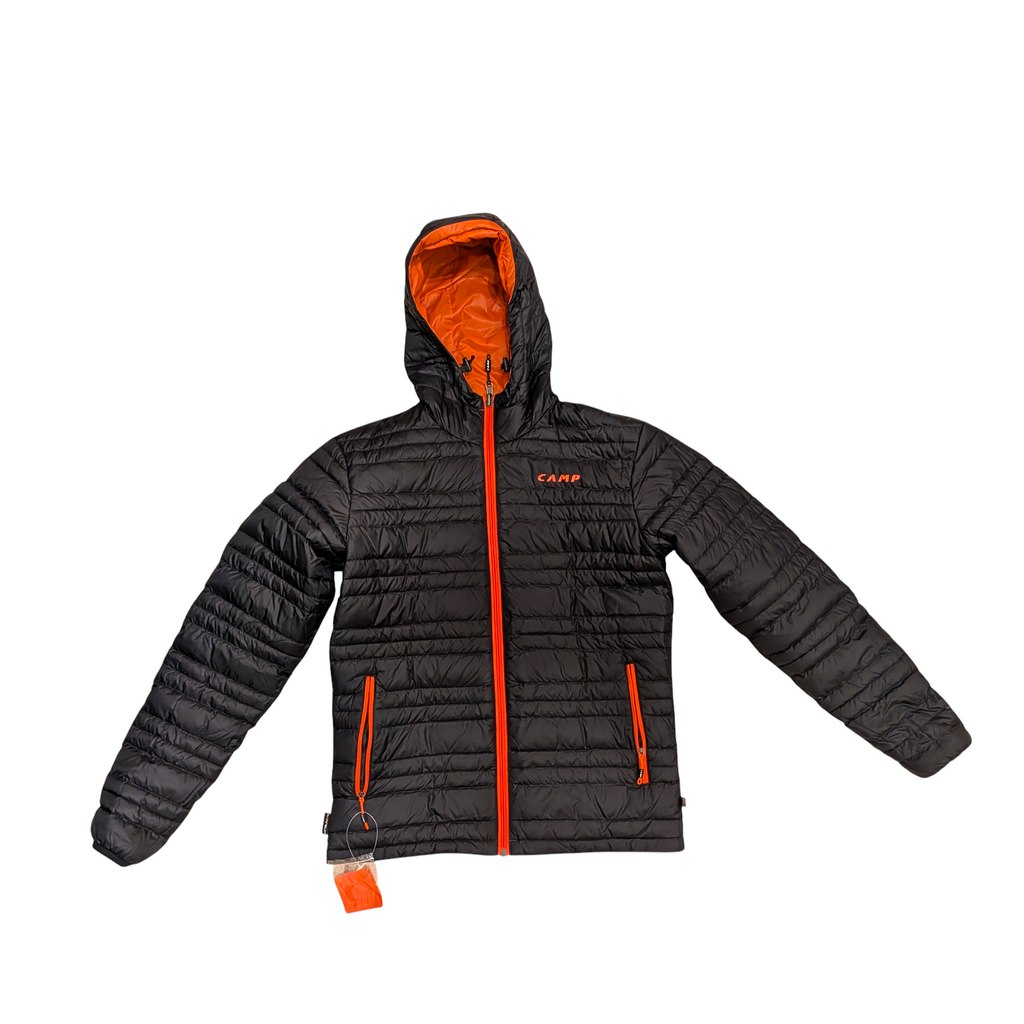 Veste doudoune réversible 4c+ CAMP ED Duo noire et orange avec capuche, idéale pour l'alpinisme et le ski.