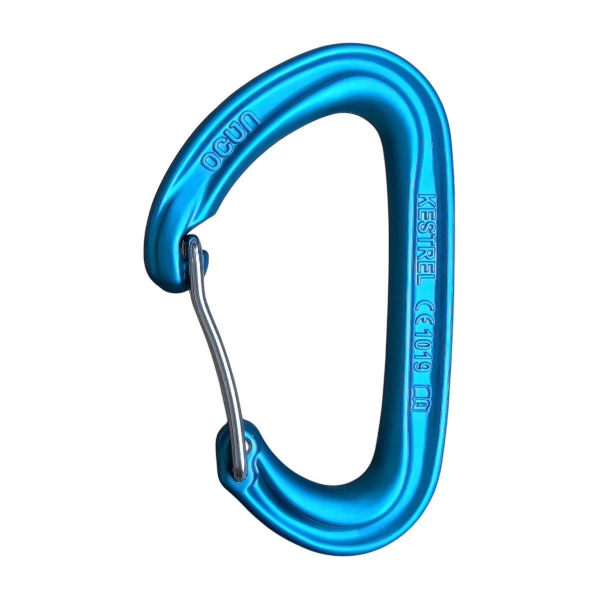 Blue Ocun Kestrel Wire Gate climbing carabiner with lightweight wire gate, sold by 4c+, for reliable clipping
