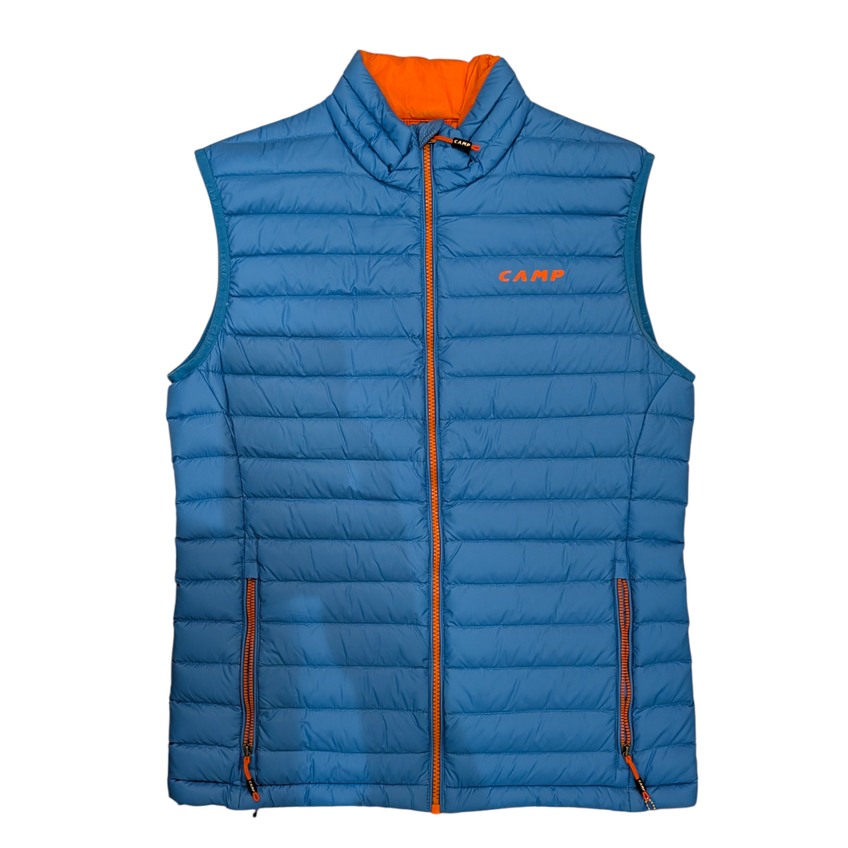 Gilet doudoune sans manches 4c+ CAMP ED Motion bleu avec fermetures éclair orange contrastantes