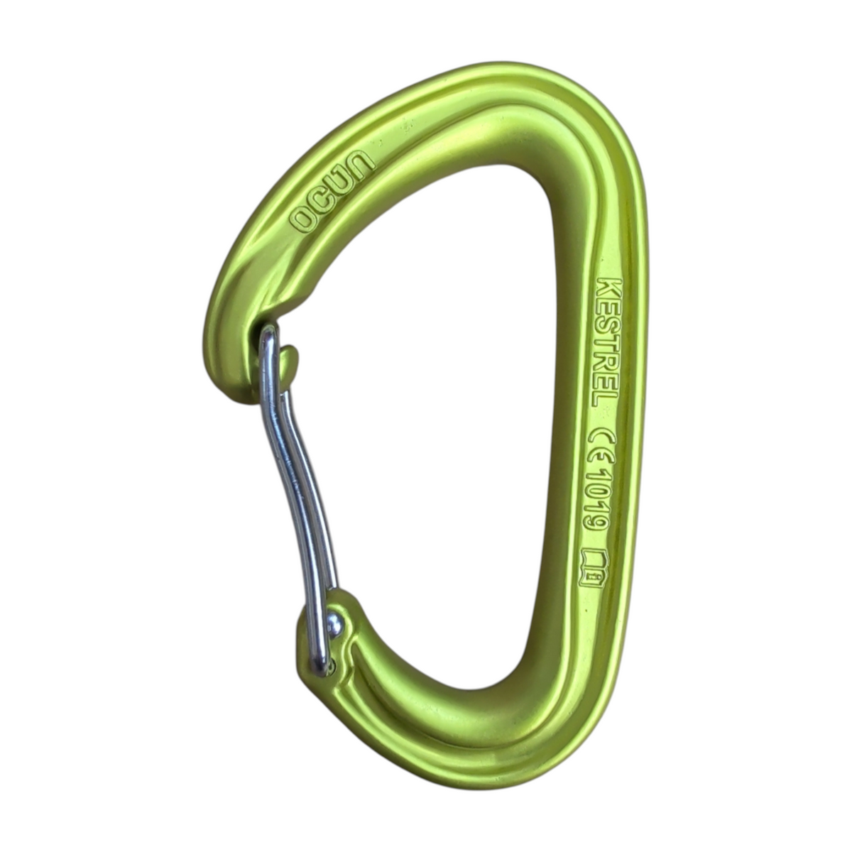 Green Ocun Kestrel Wire Gate climbing carabiner, sold by 4c+, lightweight for reliable clipping in cold conditions