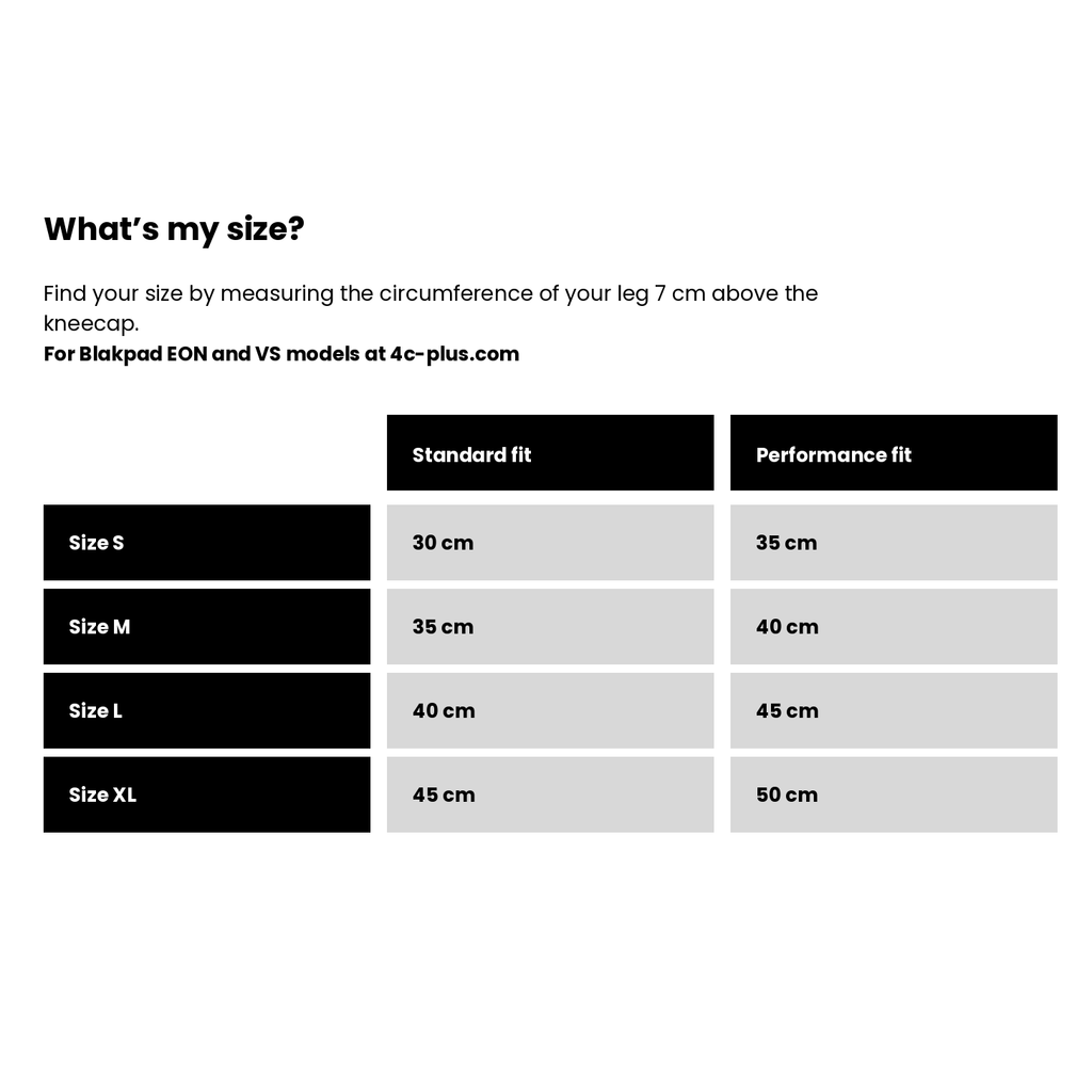 Blakpad EON and VS kneepad size chart – Standard and Performance fit measurements in cm, at 4c-plus.com