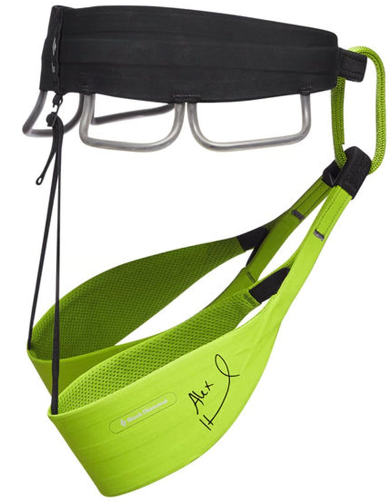 Harnais d’escalade Black Diamond Solution Honnold Edition noir et vert fluo, vue de face avec cuissards larges