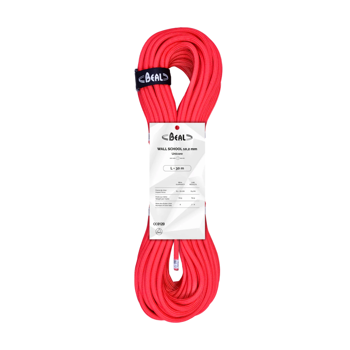 Corde d’escalade Beal Wall School 10.2 Unicore rouge, corde lovée avec étiquette produit Beal