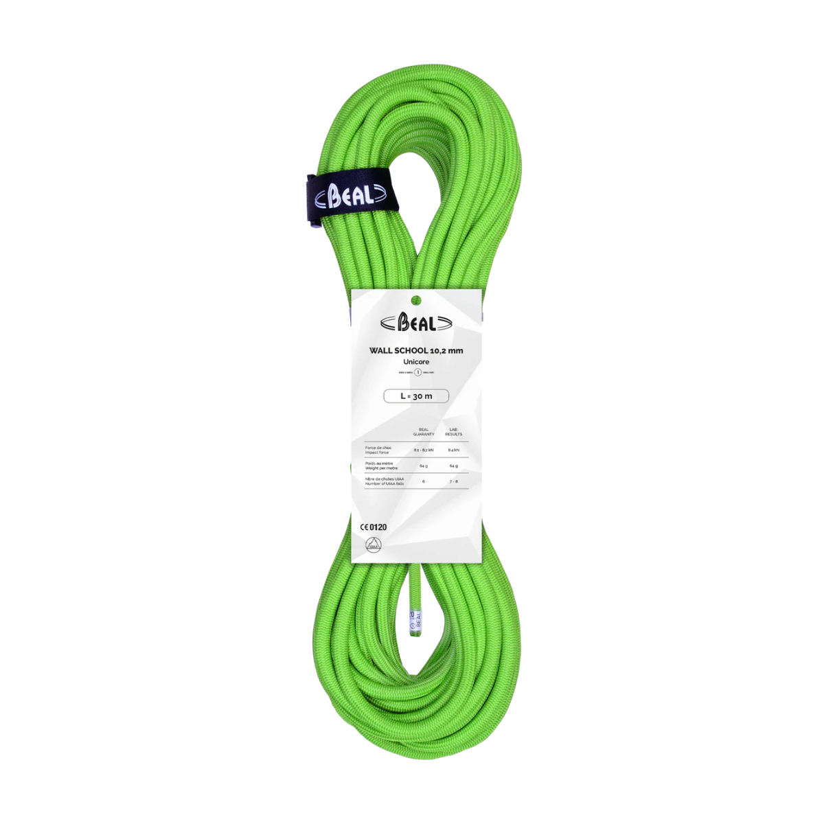 Corde d’escalade Beal Wall School 10.2 Unicore verte, corde lovée avec étiquette produit Beal