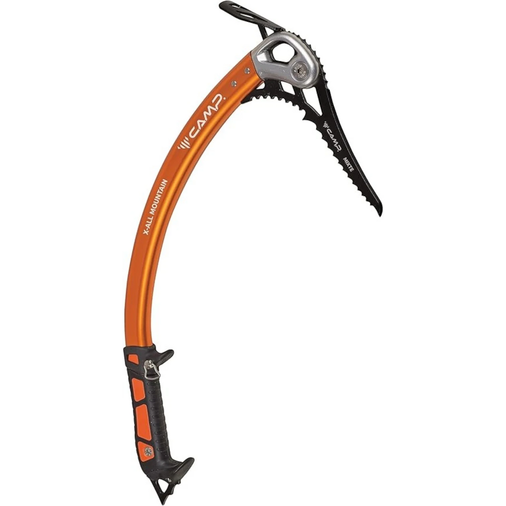 Piolet CAMP X-All Mountain Panne orange et noir, vue complète avec manche courbé et panne noire